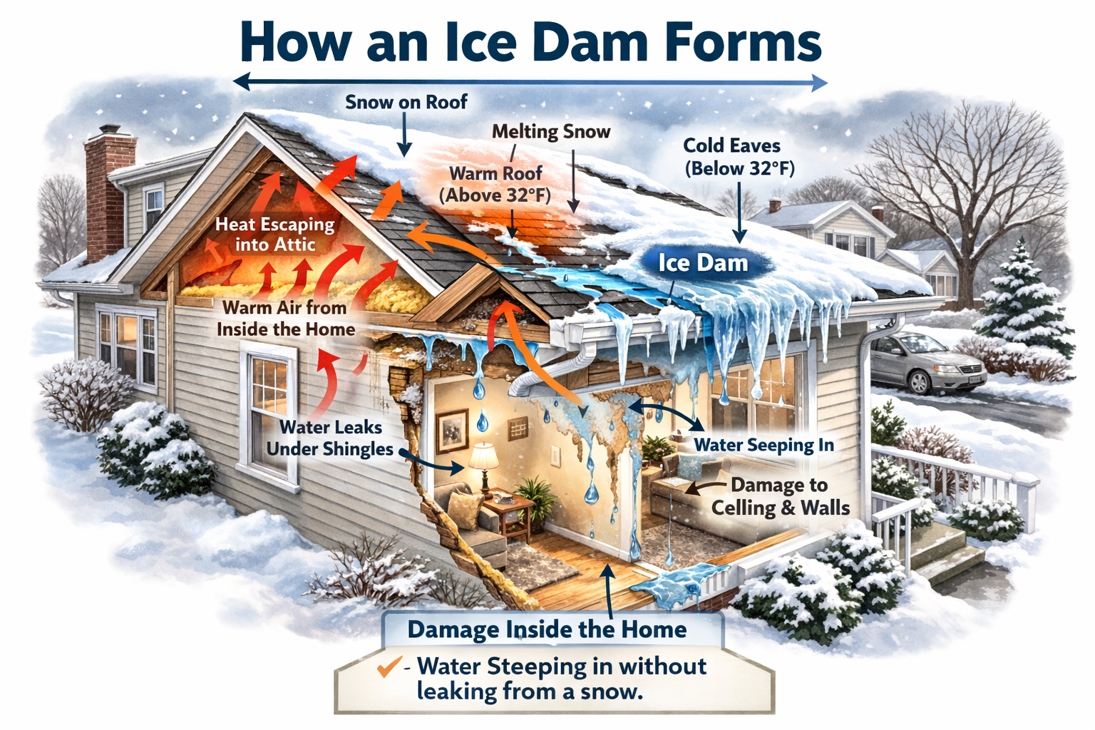 How Ice Dams Form - Diagram Showing Roof Damage from Ice Dams in Staten Island NY